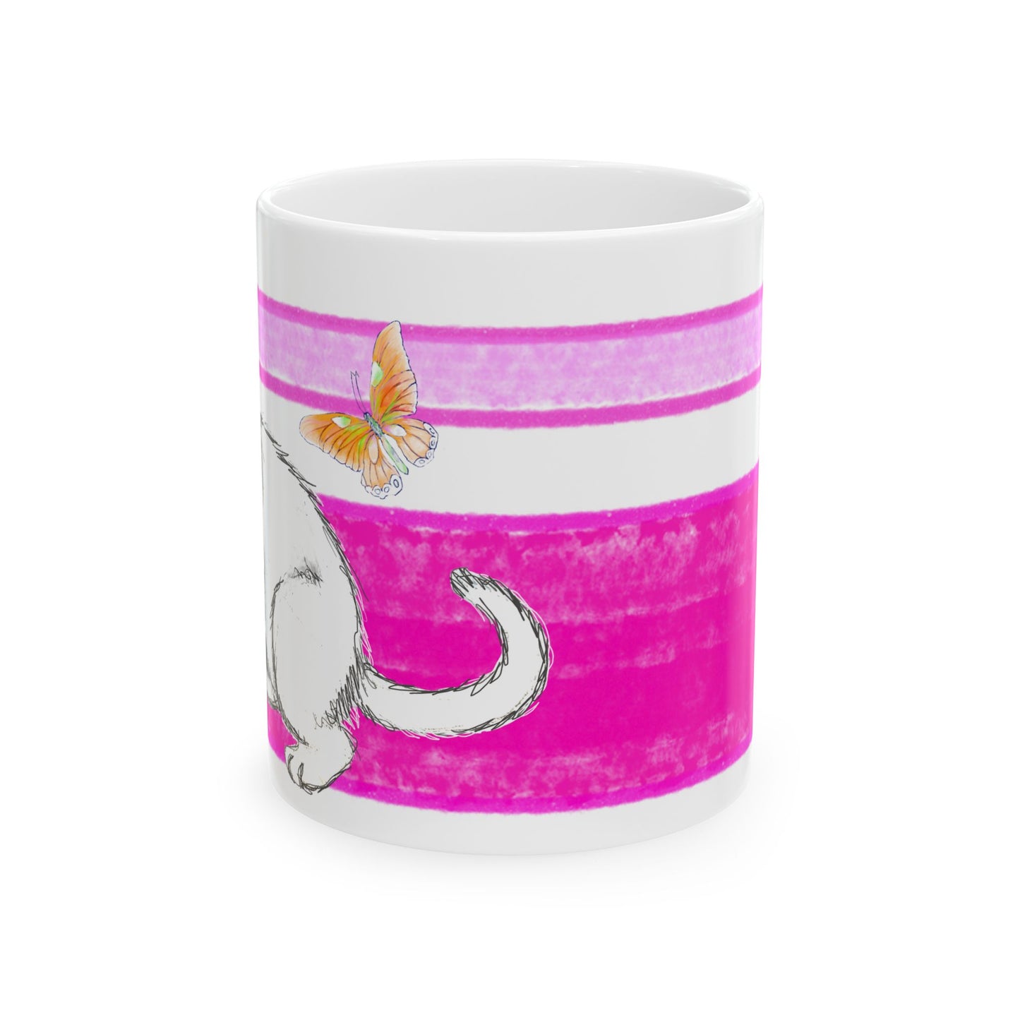 Mega Stripe Kitty Butterfly Flutter Ceramic Mug Raspberry Pink