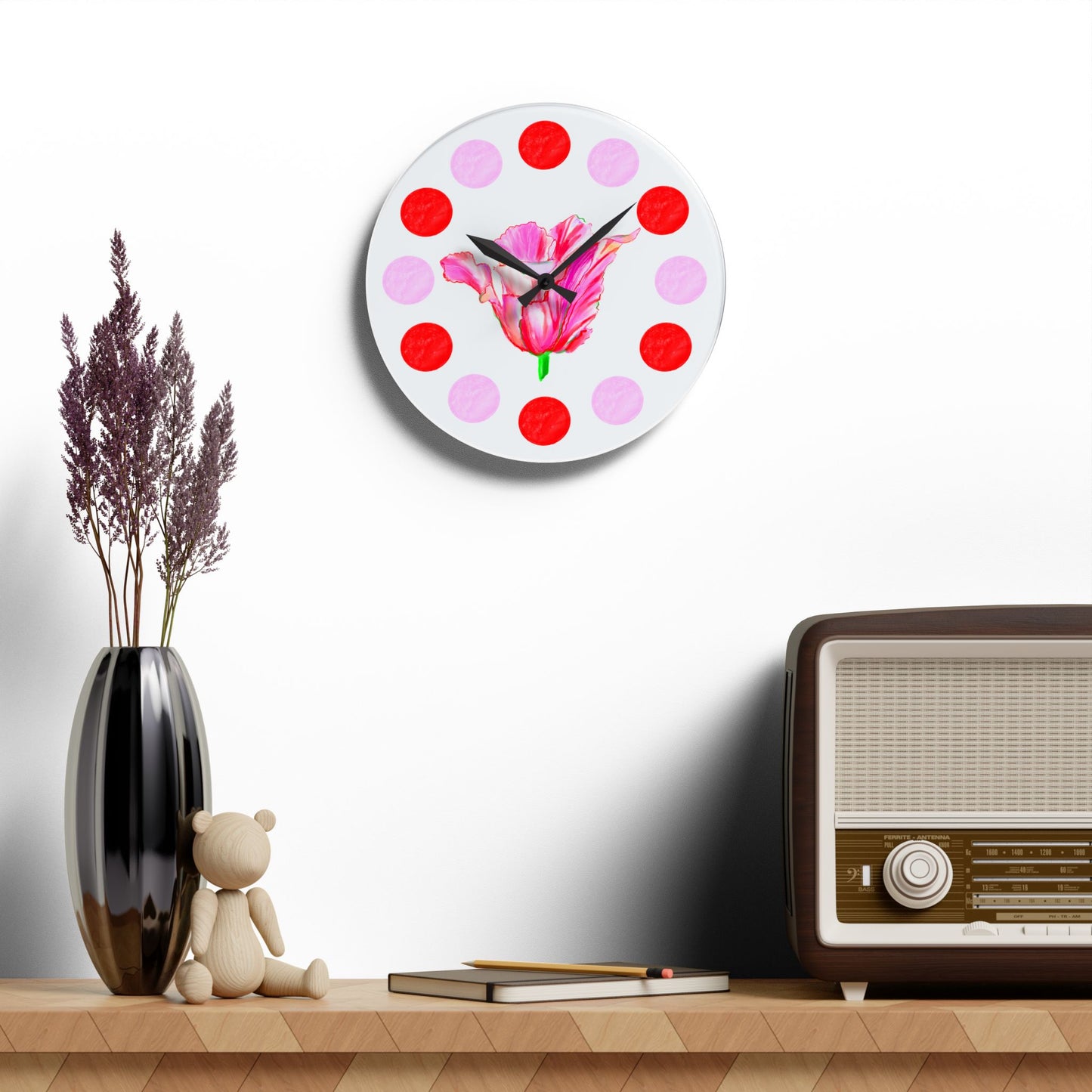 Tulip Love Acrylic Wall Clock, Pink and Red Polka Dots Tulip