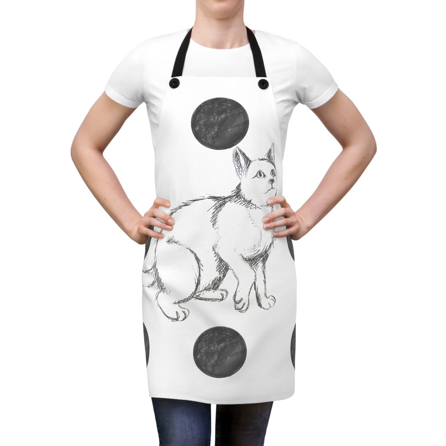 Kitty Fun, Apron, Black Polka Dots