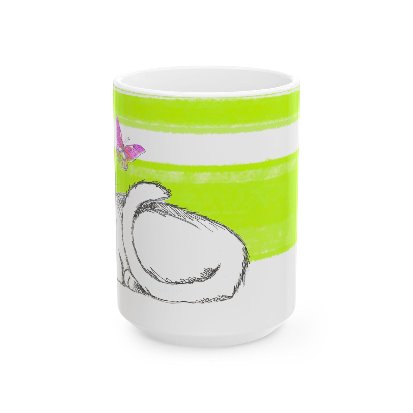Mega Stripe Kitty Butterfly Flutter Ceramic Mug Lime