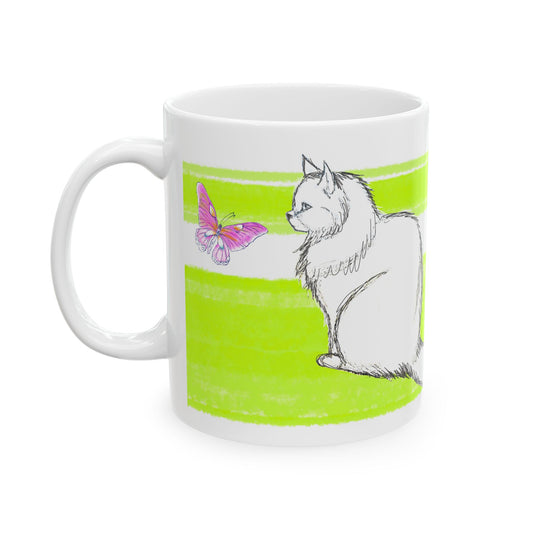 Mega Stripe Kitty Butterfly Flutter Ceramic Mug Lime