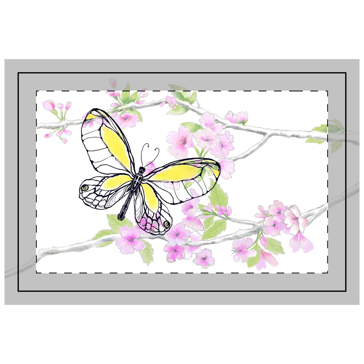 Butterfly Blossom Romp  Quilted Placemat Polyester, Yellow, Fabric Background Bright White # 9 left side of the table