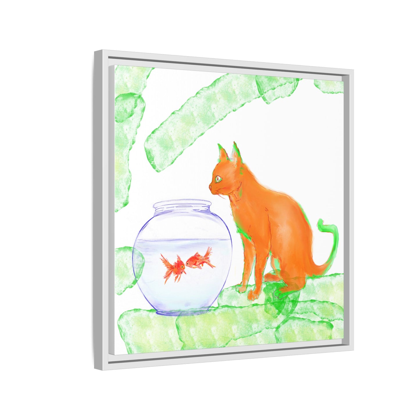 Colorful Cat and Fish Bowl Matte Canvas Framed white