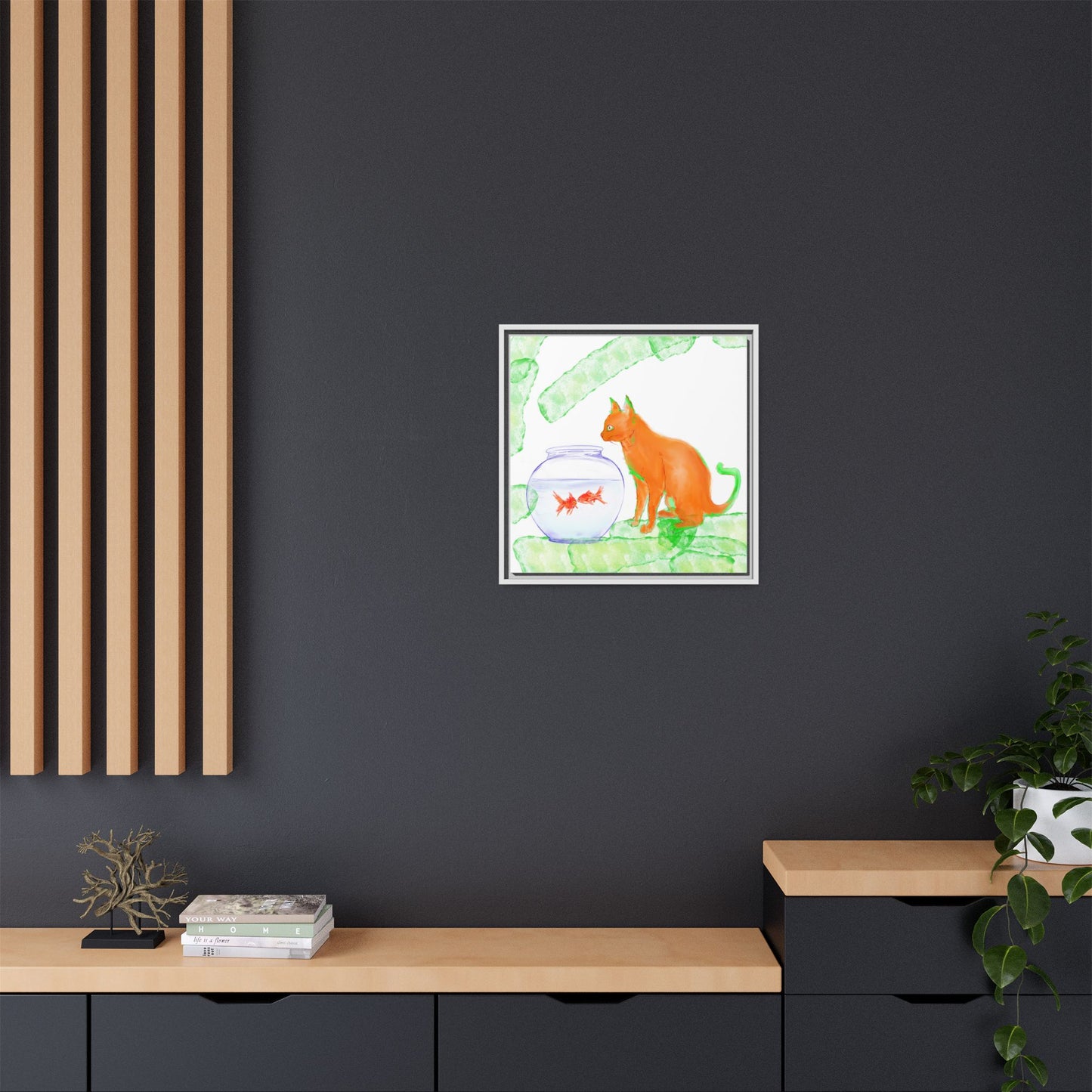 Colorful Cat and Fish Bowl Matte Canvas Framed white