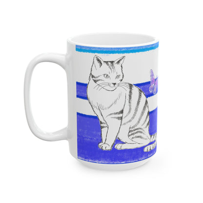 Mega Stripe Kitty Butterfly Flutter Ceramic Mug Ultramarine