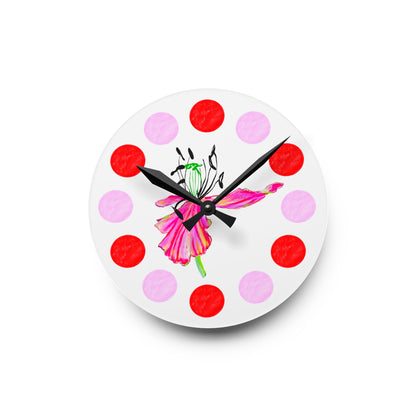 Tulip Love  Acrylic Wall Clock, Pink and Red polka dots tulip