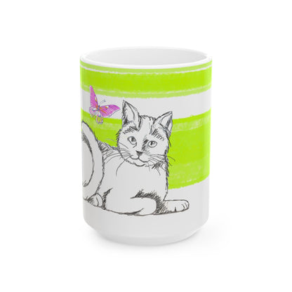 Mega Stripe Kitty Butterfly Flutter Ceramic Mug Lime