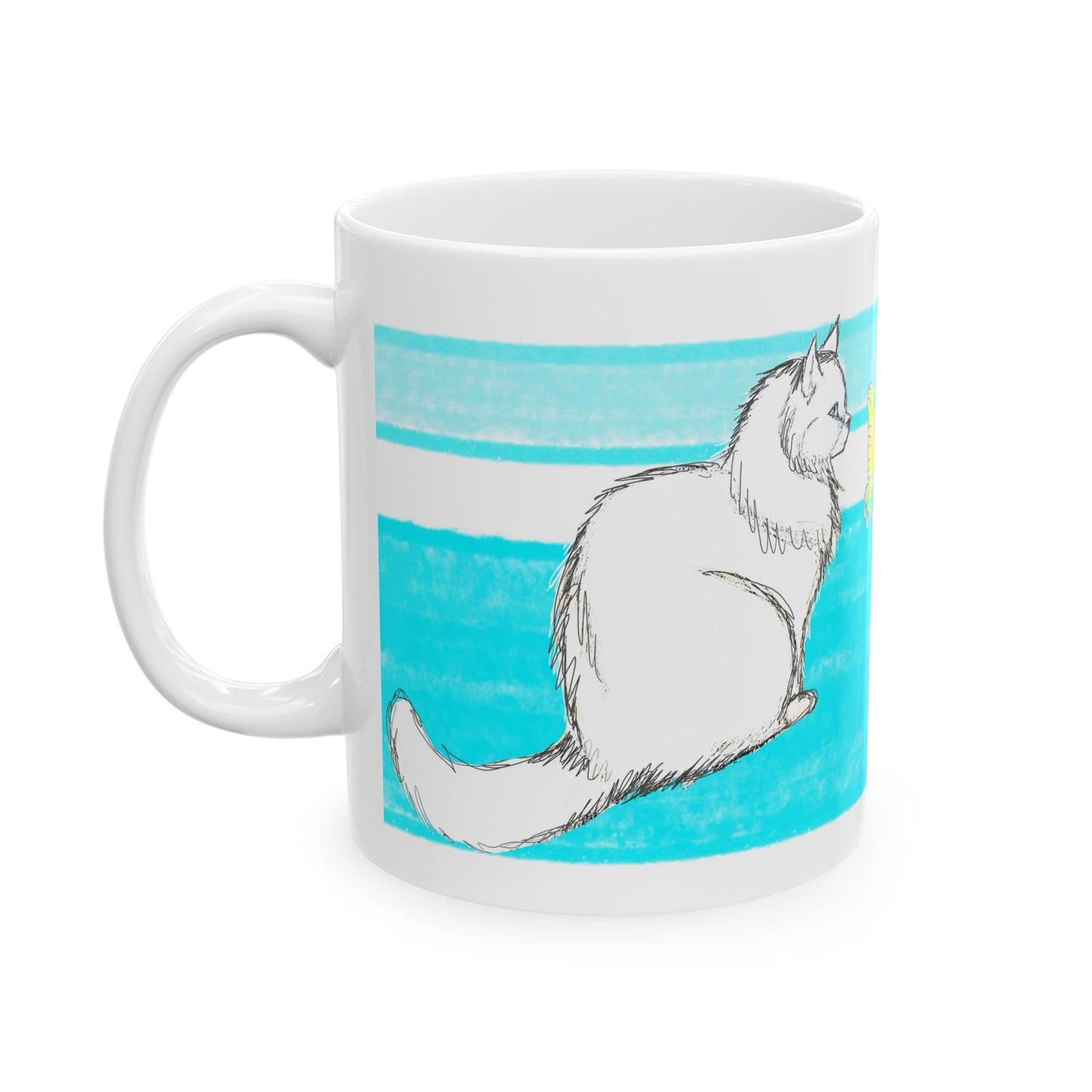 Mega Stripe Kitty Butterfly Flutter Ceramic Mug Aqua