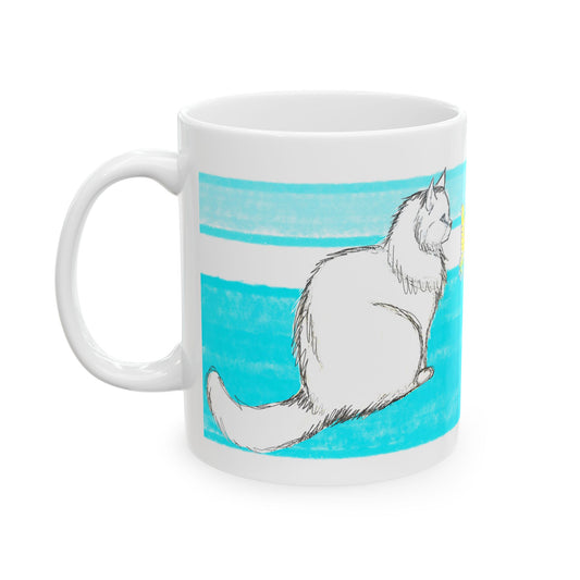 Mega Stripe Kitty Butterfly Flutter Ceramic Mug Aqua