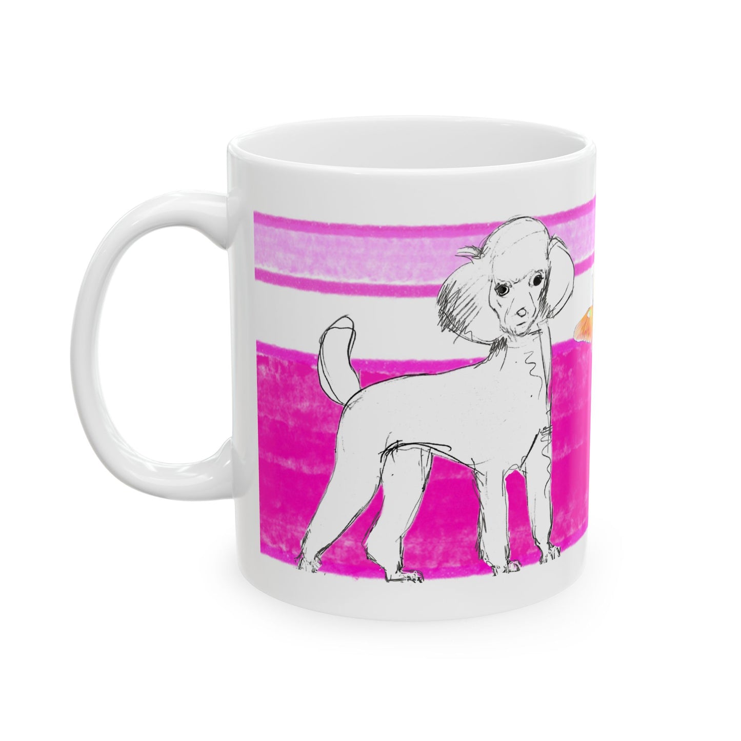 Mega Stripe Dogi Butterfly Flutter Ceramic Mug, (11oz, 15oz),  Raspberry Pink Poodle