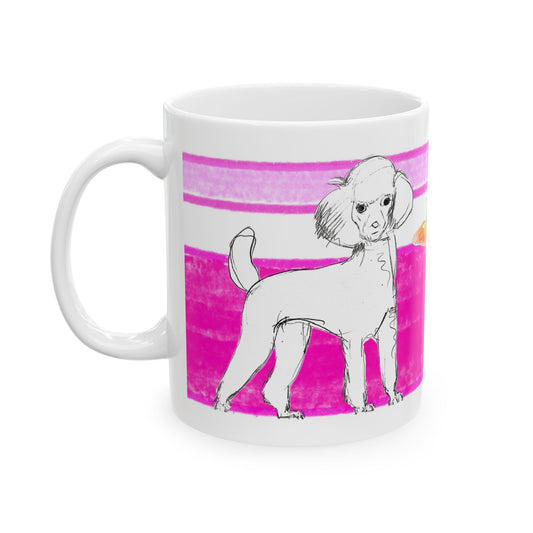 Mega Stripe Dogi Butterfly Flutter Ceramic Mug, (11oz, 15oz),  Raspberry Pink Poodle