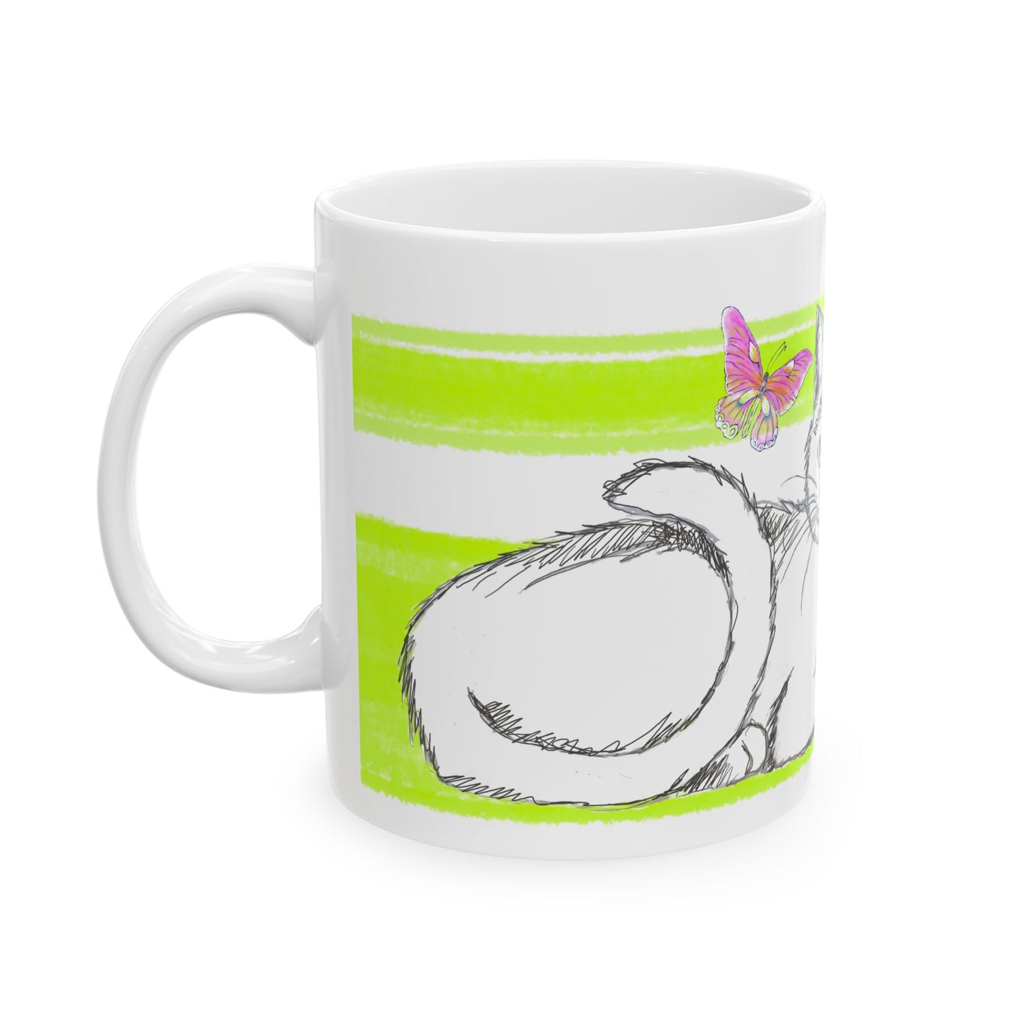 Mega Stripe Kitty Butterfly Flutter Ceramic Mug Lime