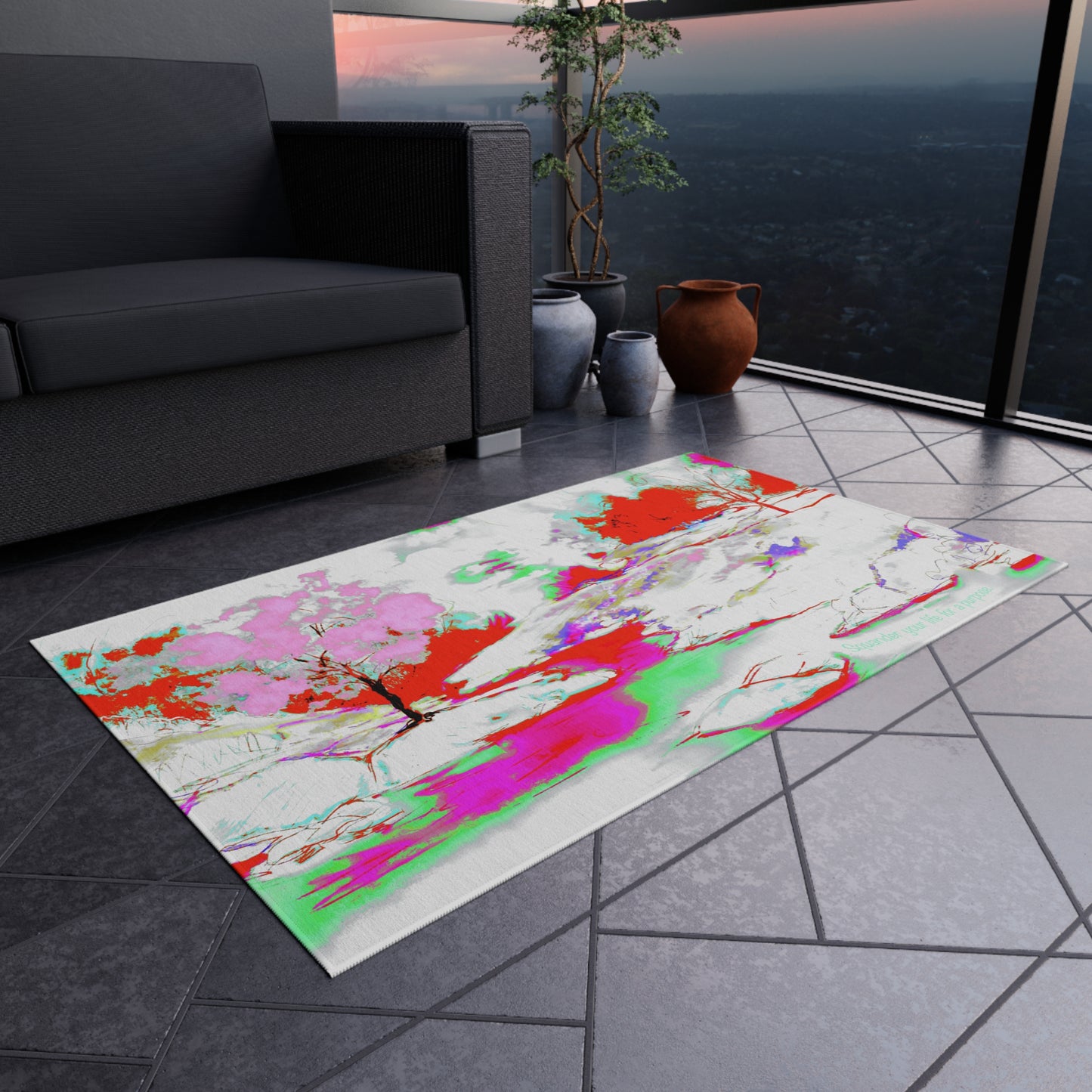 Inspirational Landscapes Indoor/Outdoor Rug, "Squander your life for a purpose", Red and Pink Non-slip