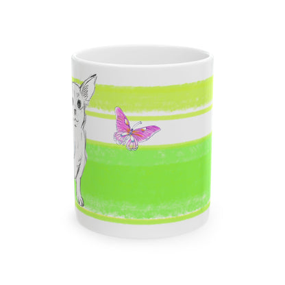 Mega Stripe Dogi Butterfly Flutter Ceramic Mug, (11oz, 15oz) Yellow Green Teri