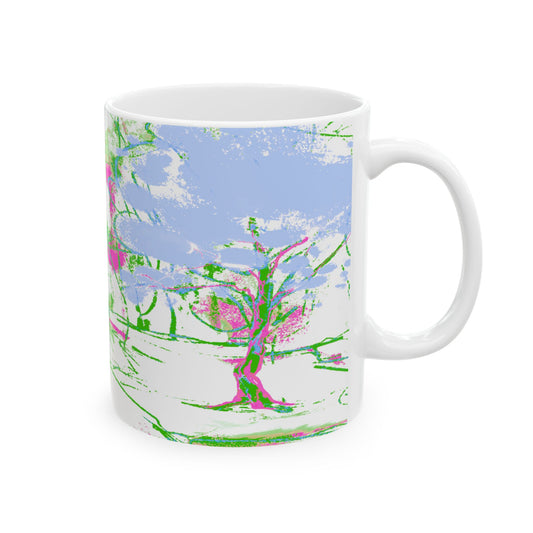 Joyful Landscapes Ceramic Mug in Green and Lavender, 11oz, 15oz.