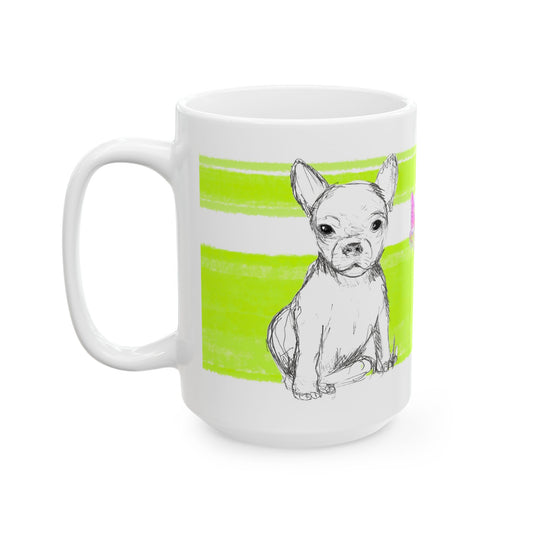 Mega Stripe Dogi Butterfly Flutter Ceramic Mug, (11oz, 15oz), Lime Chihuahua