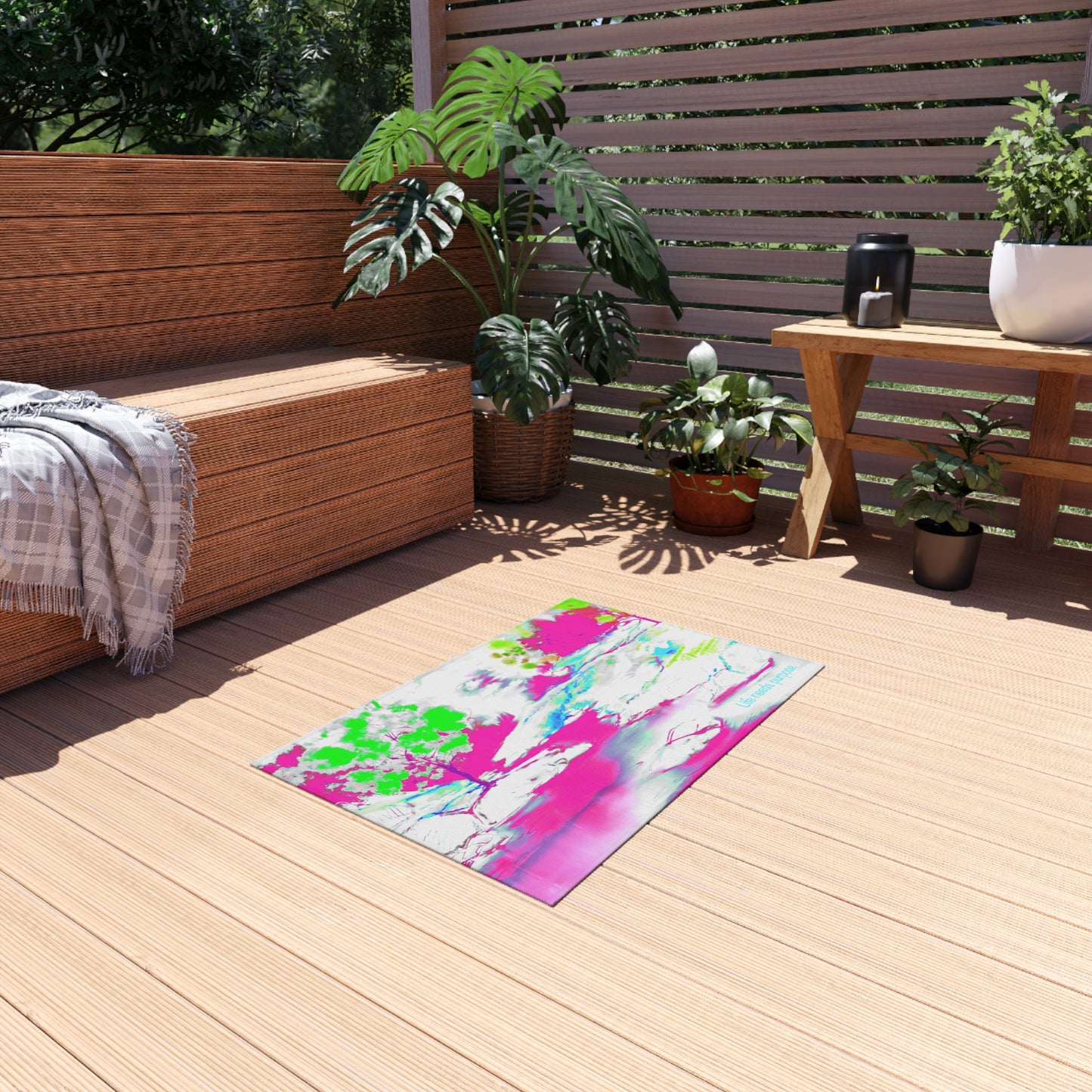 Inspirational Landscapes  Indoor/Outdoor Area Rug, "Life needs purpose" Raspberry and Green