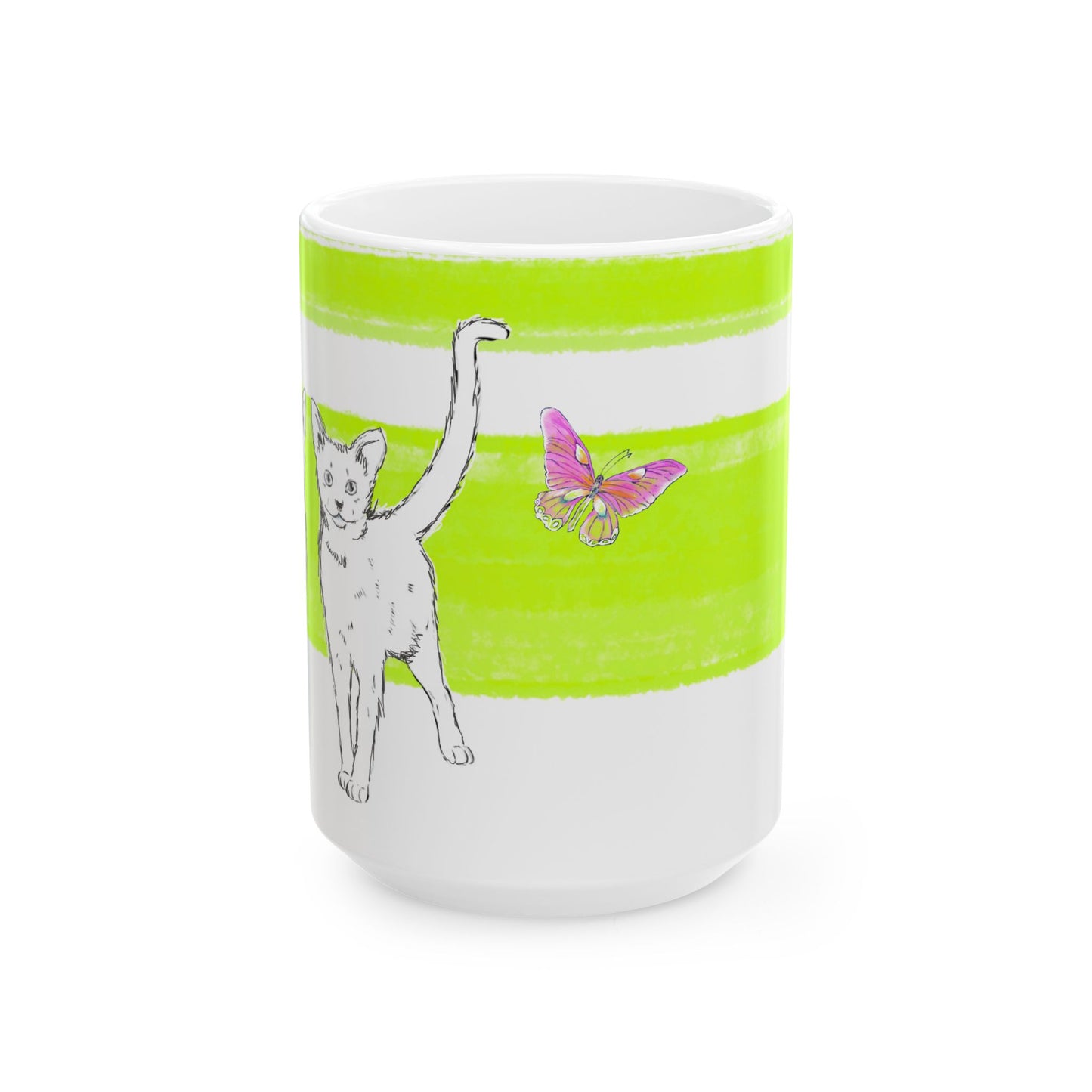 Mega Stripe Kitty Butterfly Flutter Ceramic Mug Lime