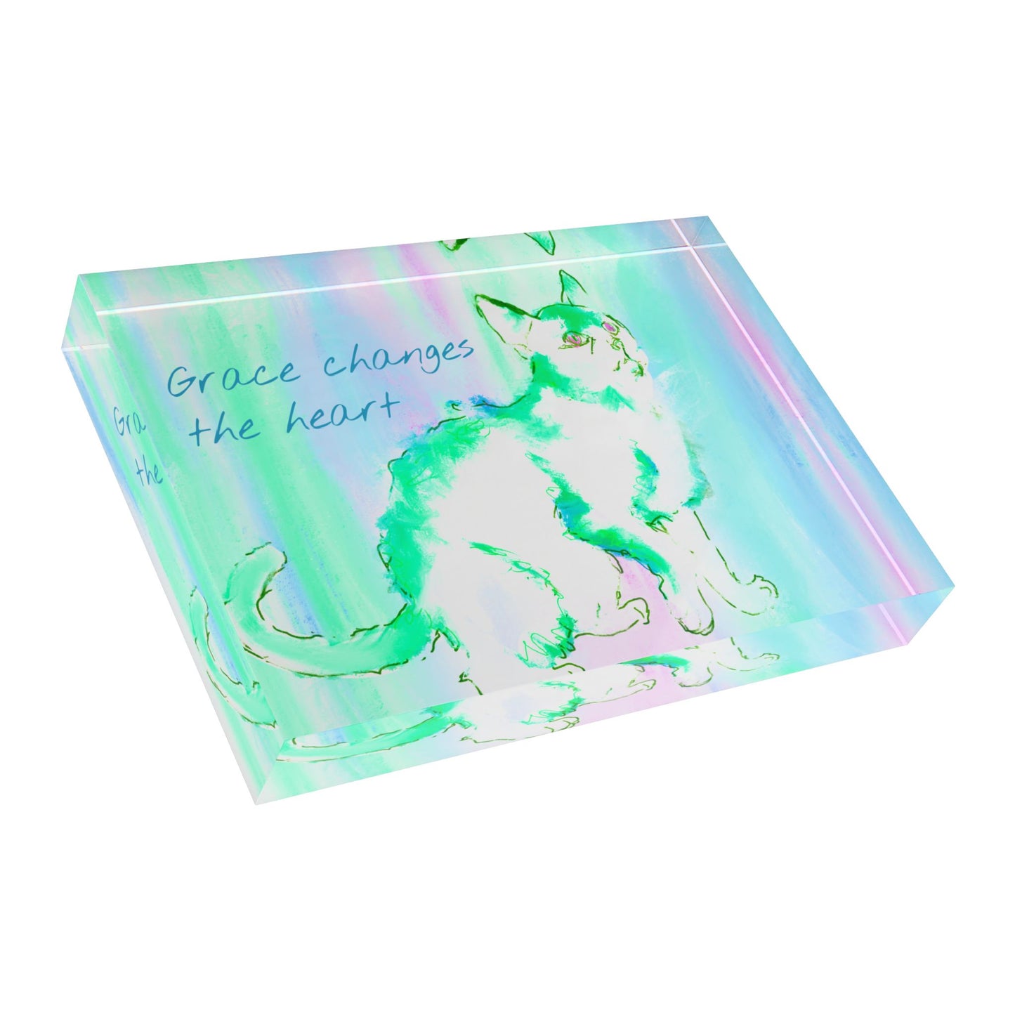 Kitty Fun and Wisdom Acrylic Art Block in Green and Blue "Grace changes the heart"