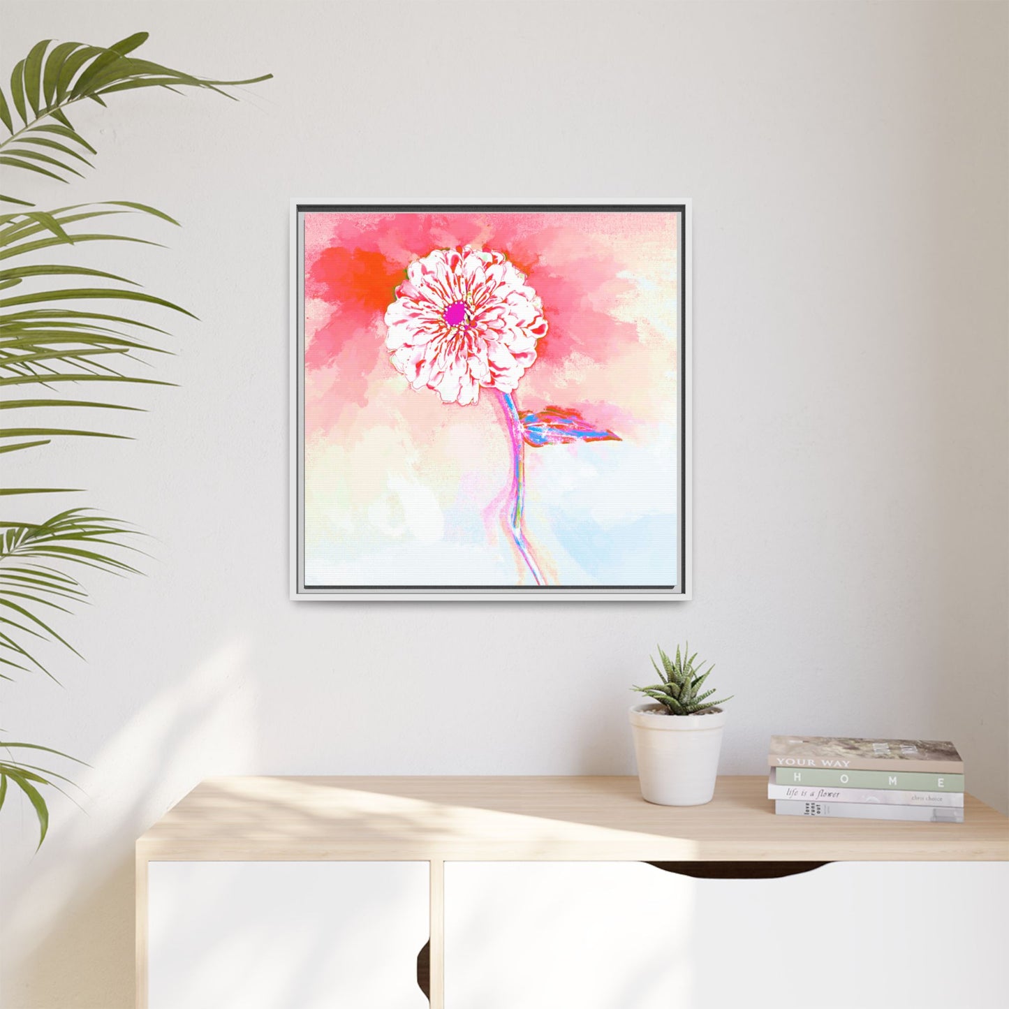 Zinnia Color Splash Matte Canvas Light Red Framed