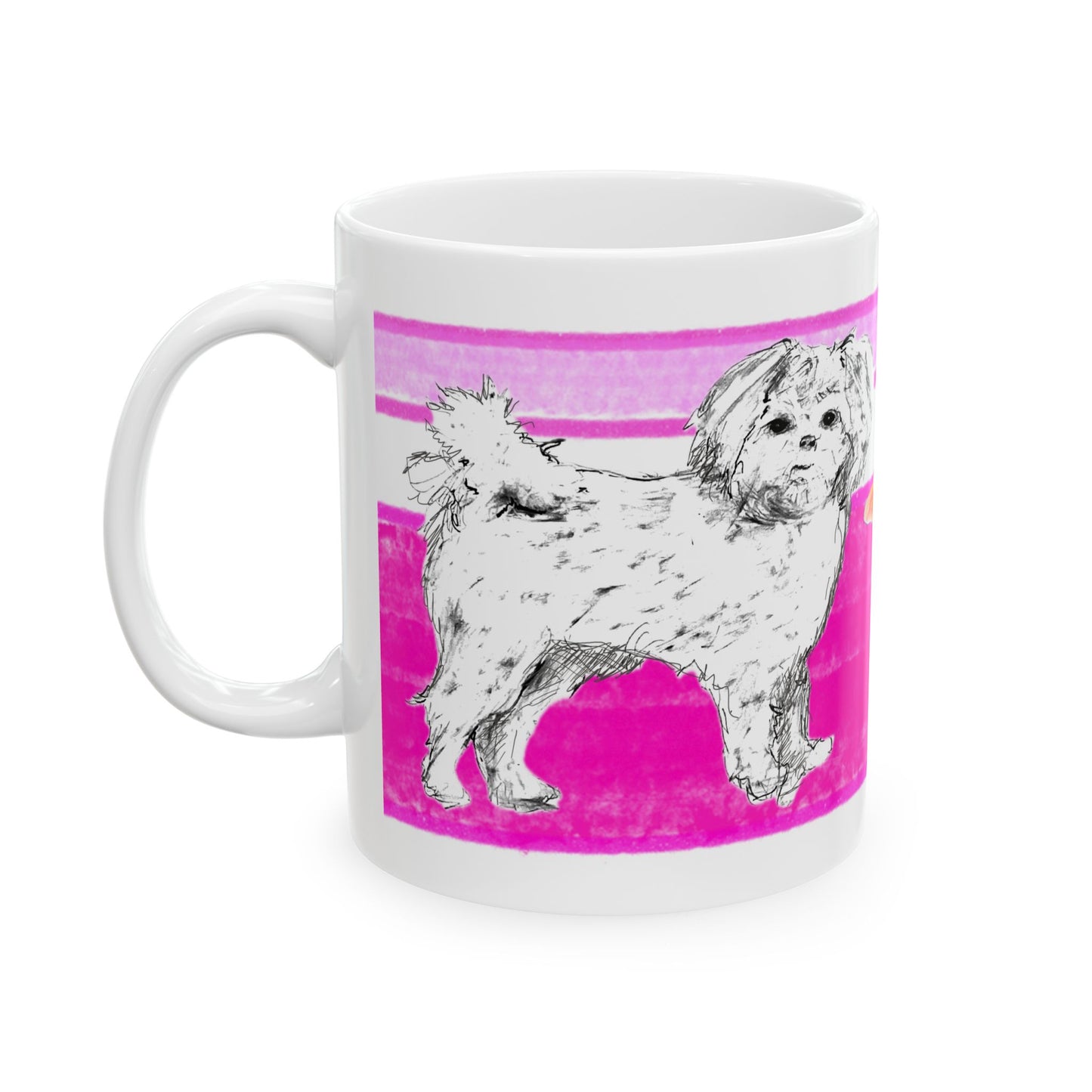 Mega Stripe Dogi Butterfly Flutter Ceramic Mug, (11oz, 15oz),  Raspberry Pink Shih Tzu