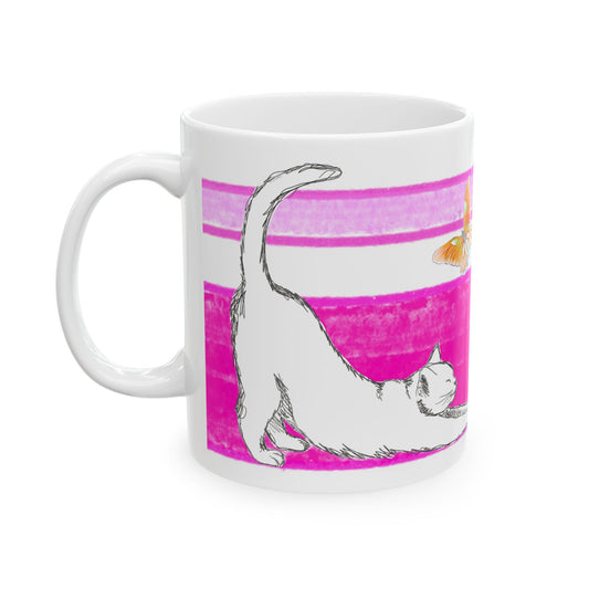 Mega Stripe Kitty Butterfly Flutter Ceramic Mug Raspberry Pink