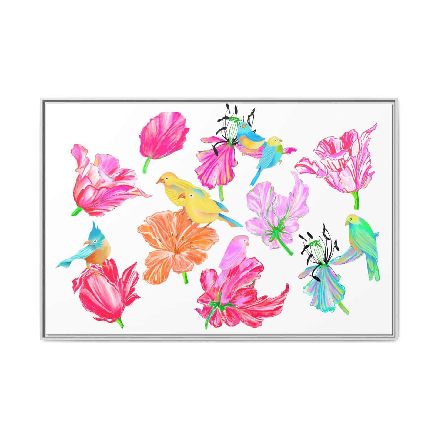 Vibrant Tulips Matte Canvas, Frame with birds