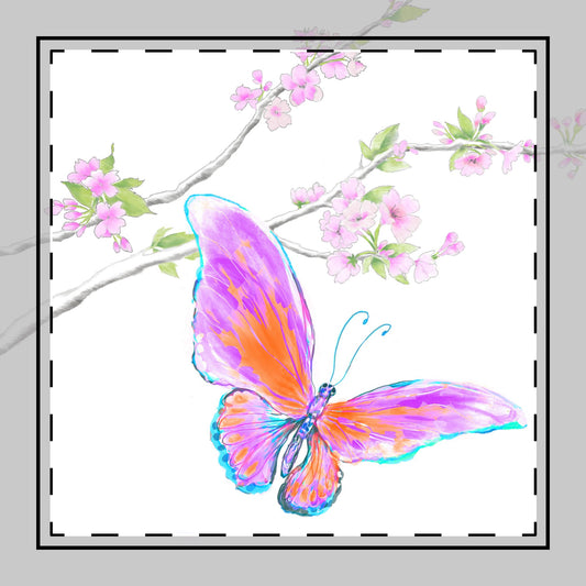 Butterfly Blossoms Glide Poly Twill Napkin in Orange& Purple, Background Brighter White ,#10