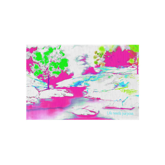 Inspirational Landscapes  Indoor/Outdoor Area Rug, "Life needs purpose" Raspberry and Green