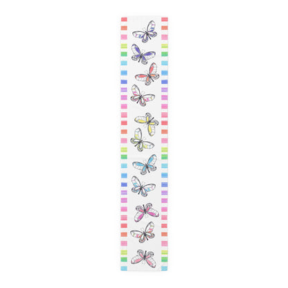 Butterfly Flutterstripe Table Runner in Multi-color with Checked Border 1 size ( 16" × 90")  (available in Cotton " creamier" & Polyester "whiter"