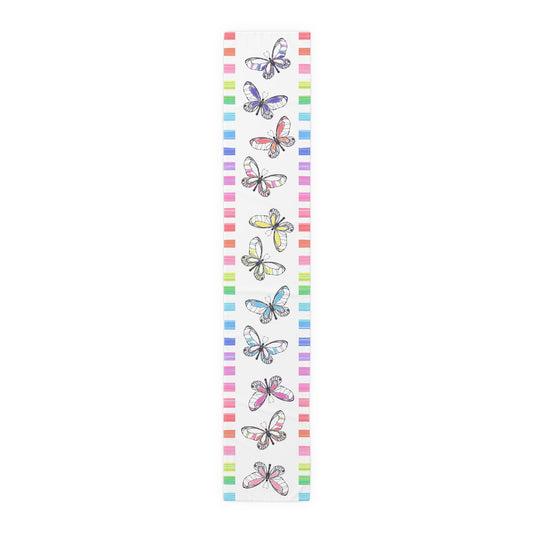 Butterfly Flutterstripe Table Runner in Multi-color with Checked Border 1 size ( 16" × 90")  (available in Cotton " creamier" & Polyester "whiter"