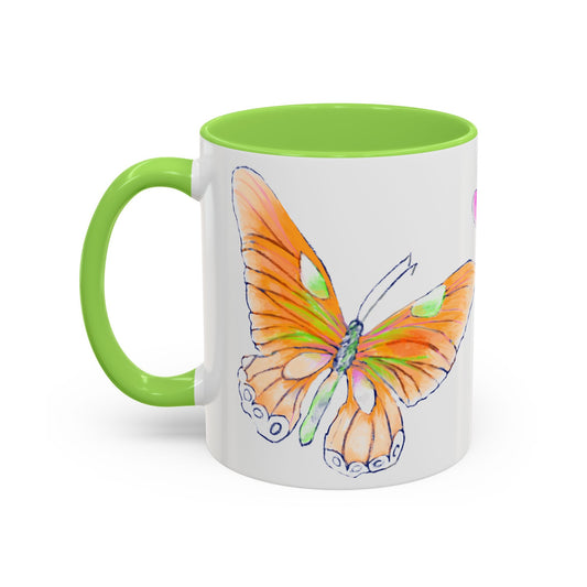 Butterfly Swing, Green Inside Colorful Mugs, Main Butterfly Orange  (11oz, 15oz)