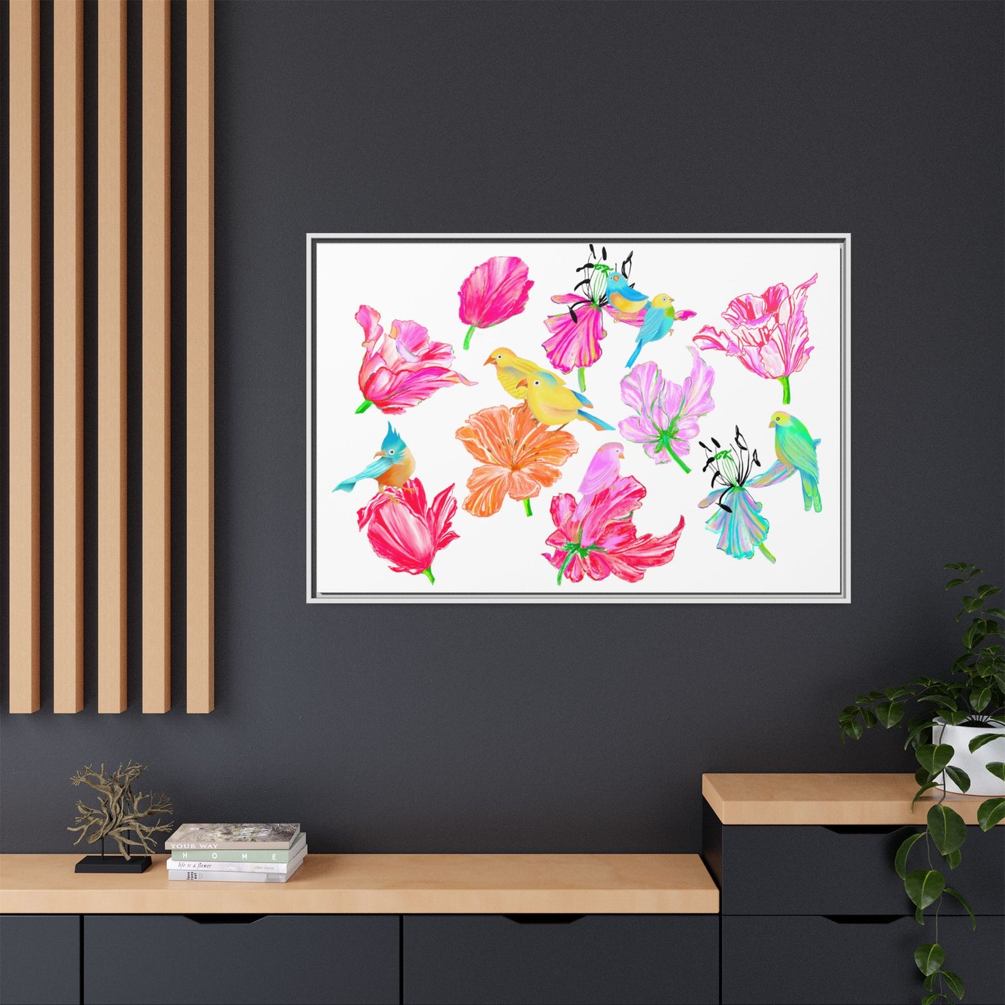 Vibrant Tulips Matte Canvas, Frame with birds
