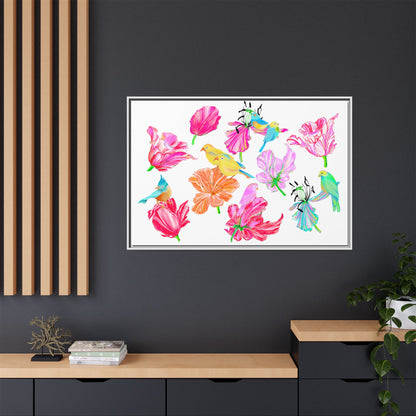 Vibrant Tulips Matte Canvas, Frame with birds