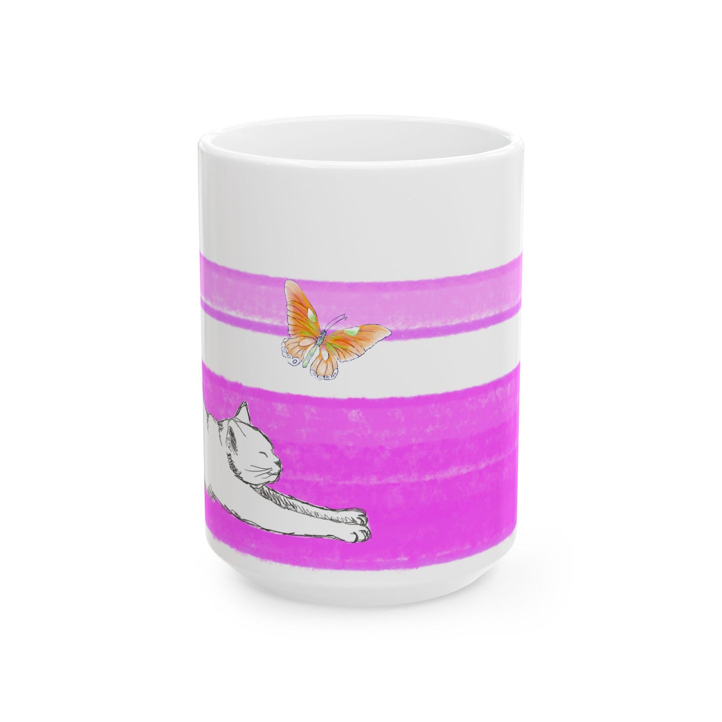 Mega Stripe Kitty Butterfly Flutter Ceramic Mug Purplish Pink