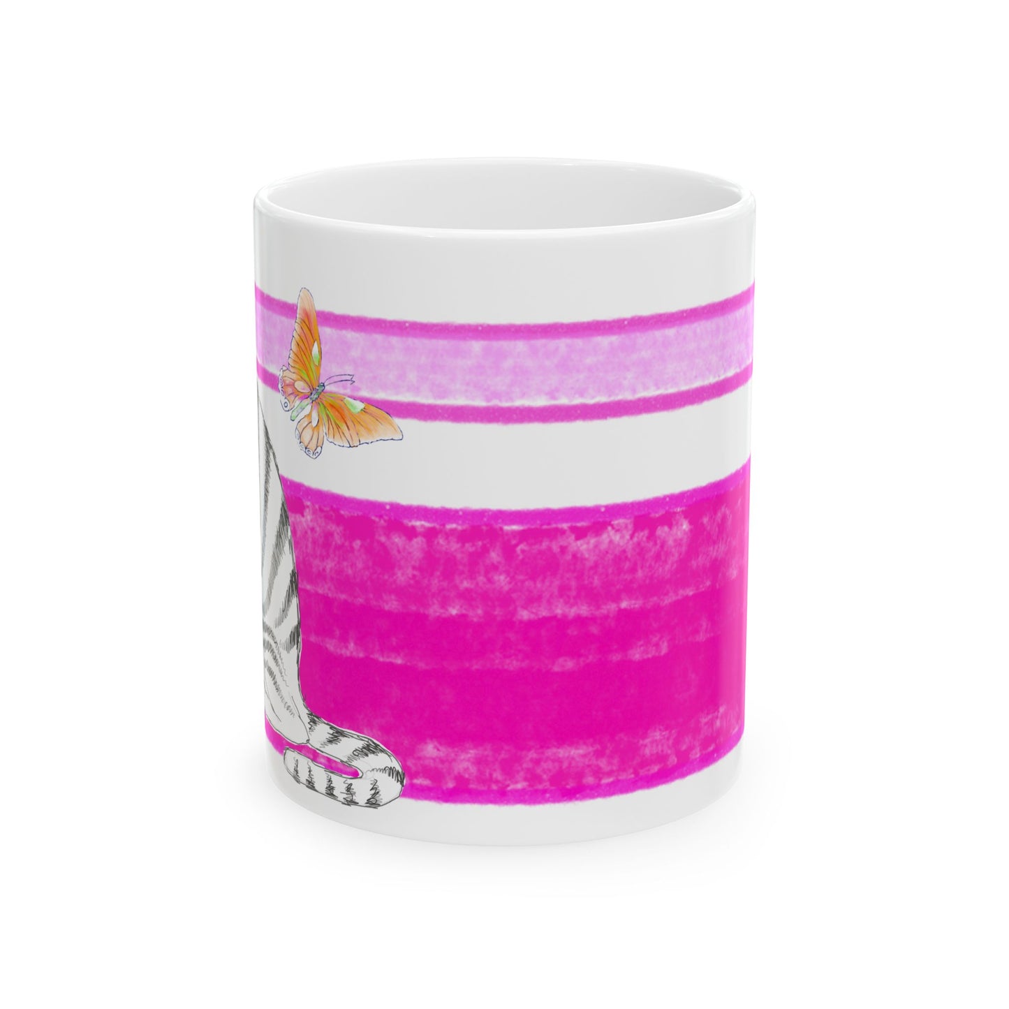 Mega Stripe Kitty Butterfly Flutter Ceramic Mug Raspberry Pink