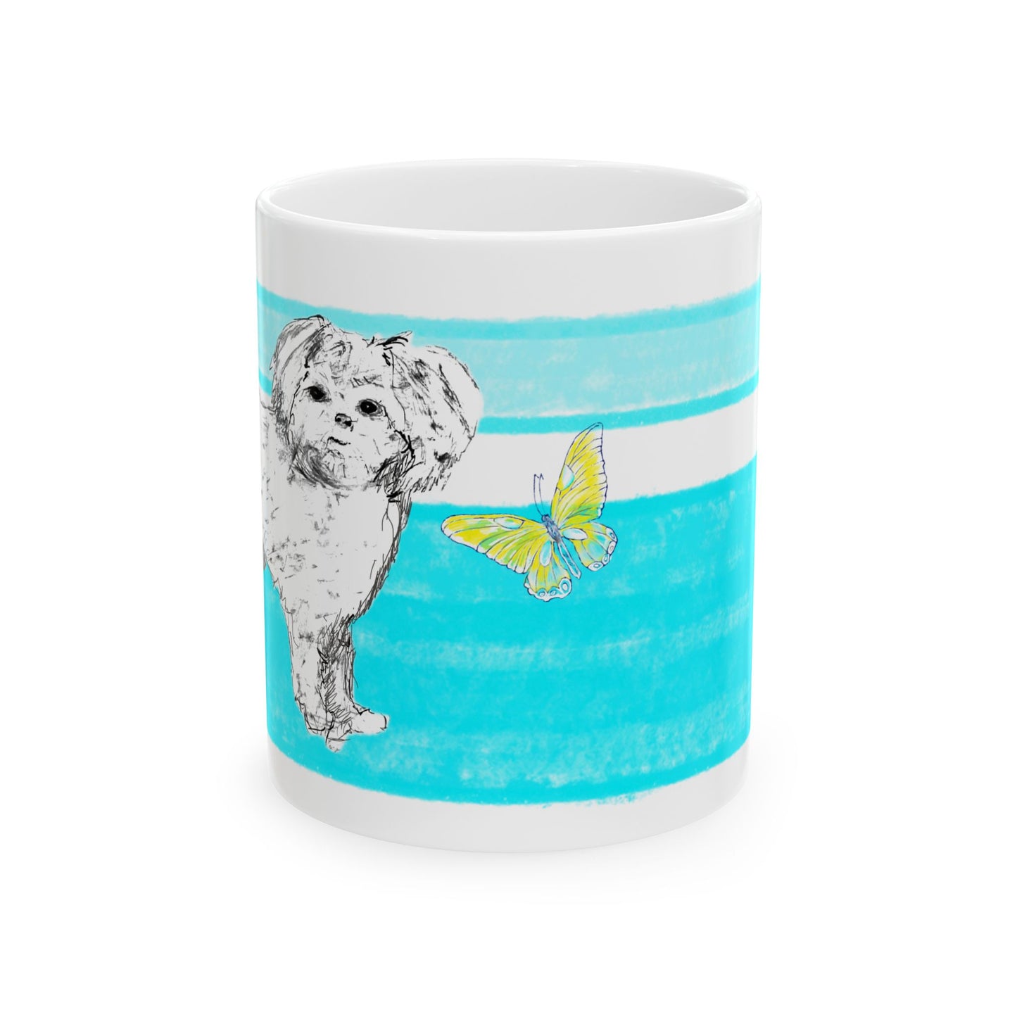 Mega Stripe Dogi Butterfly Flutter Ceramic Mug, (11oz, 15oz), Aqua Shih Tzu