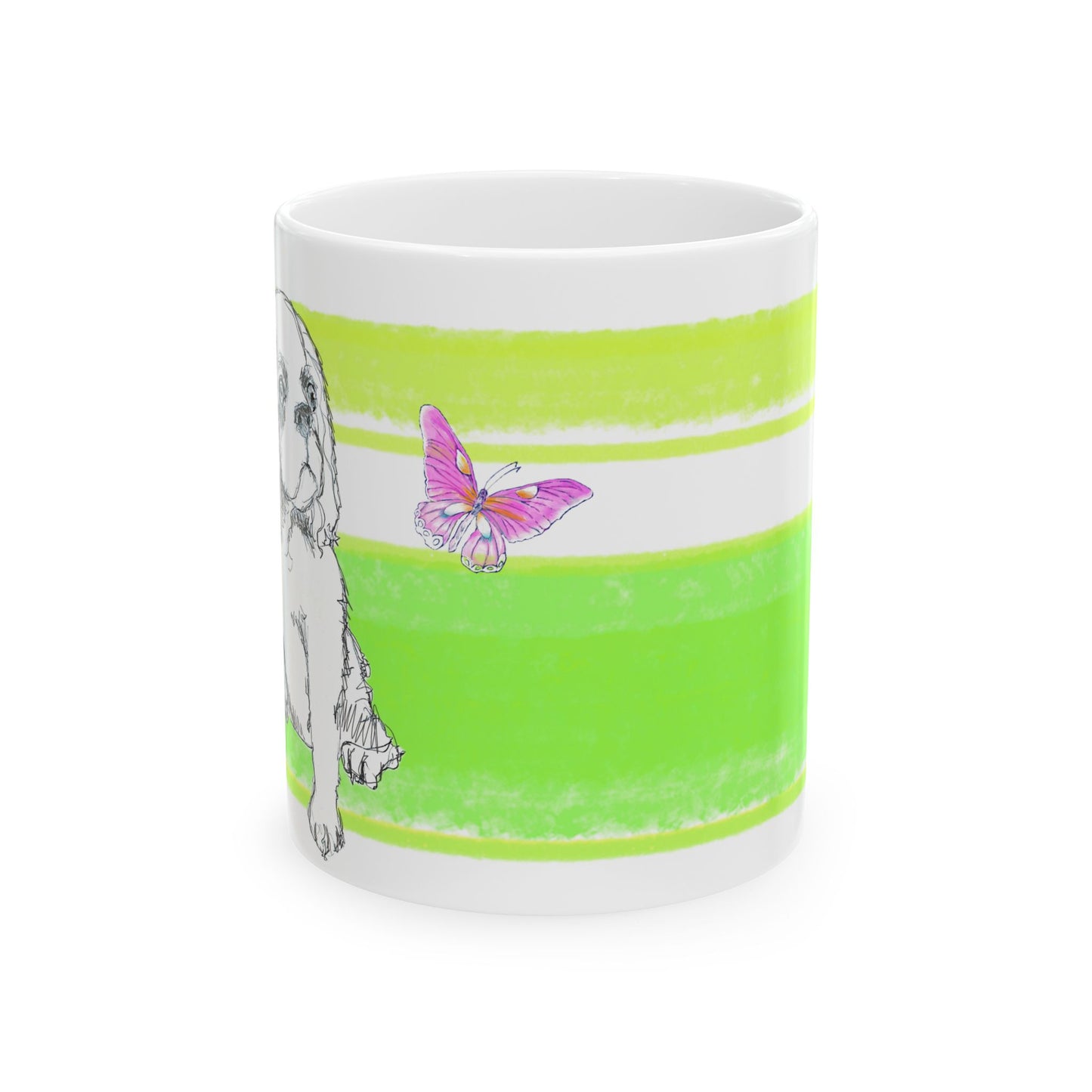Mega Stripe Dogi Butterfly Flutter Ceramic Mug, (11oz, 15oz) Yellow Green Cocker Spaniel