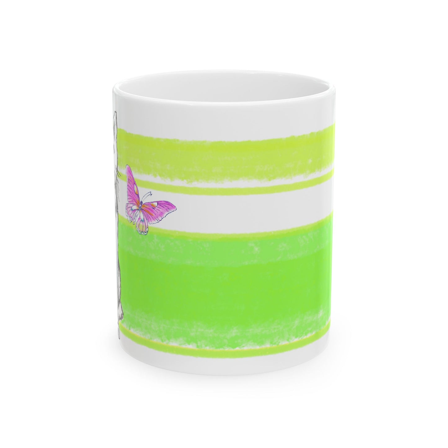 Mega Stripe Kitty Butterfly Flutter Ceramic Mug Yellow Green