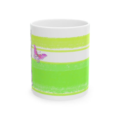 Mega Stripe Kitty Butterfly Flutter Ceramic Mug Yellow Green