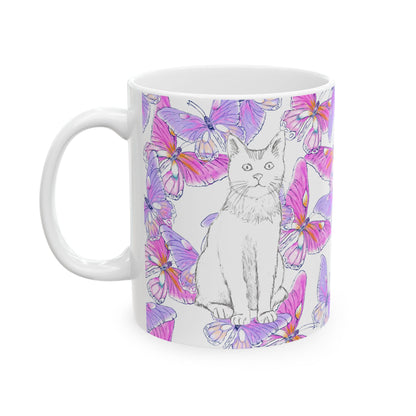 Kitty Flutter Ceramic Mug, Pink/Lavender, (11oz, 15oz)