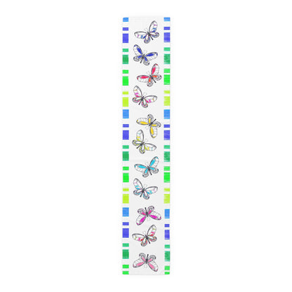 Butterfly Flutterstripe Table Runner in Multi-color With Blue/Green Border 1 size ( 16" × 90")  (available in Cotton (Creamier) & Polyester (Whiter)
