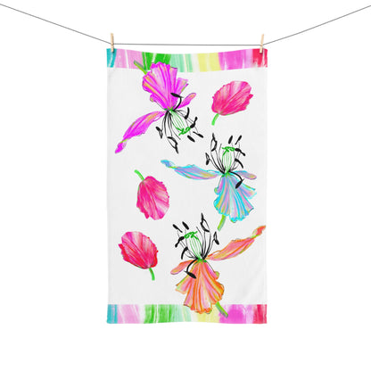 Dancing Tulips Hand Towel  Pinks Orange Aqua