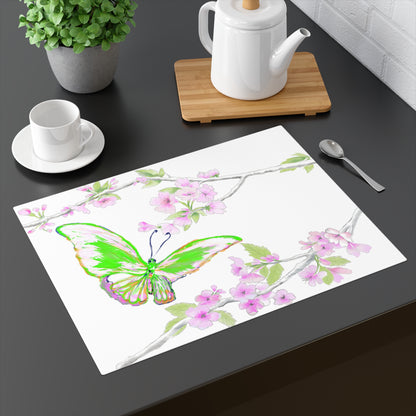 Butterfly Blossom Glide Cotton Twill Placemat, Creamier White. 1pc. Green, # 9