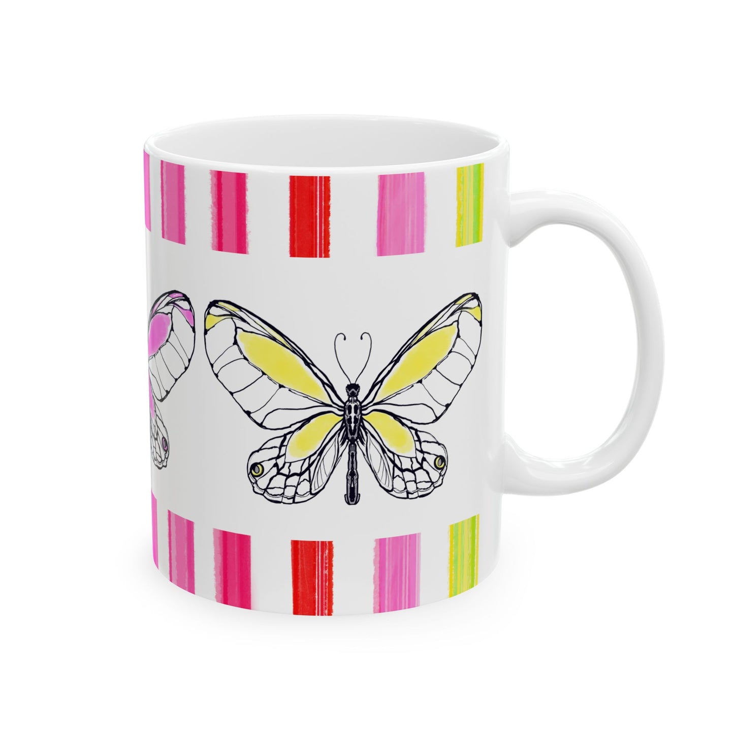 Butterfly Rainbow Stripe Ceramic Mug in Blue, Pink, and Yellow with Multi-color Striped Border, (Available in 2 sizes 11oz and 15oz)