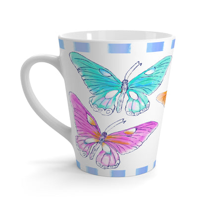 Butterfly Swing  Latte Mug Aqua, Lilac, Pink , Orange, Yellow Butterflies, Blue Stripe