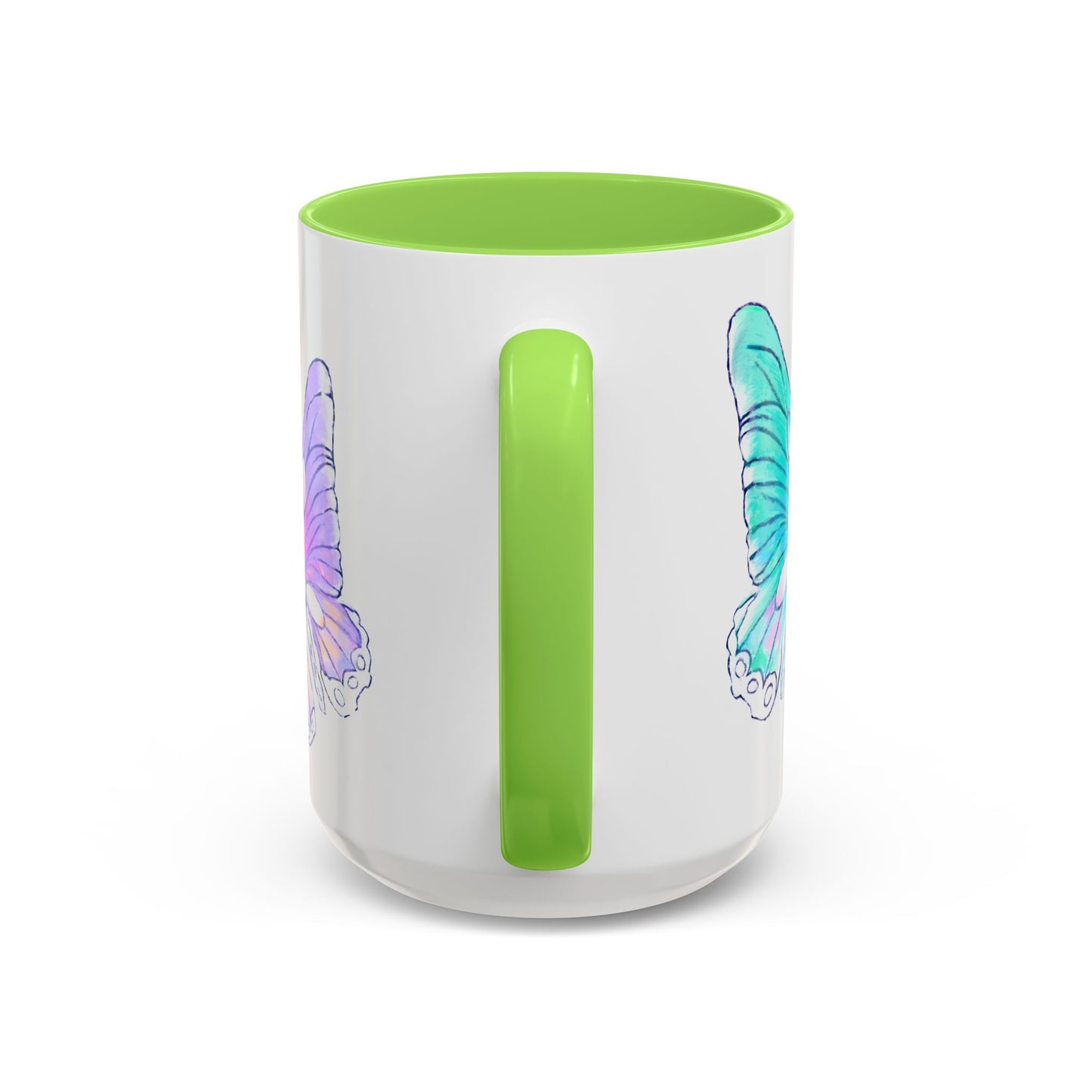 Butterfly Swing, Inside Green Colorful Mugs, Main Butterfly Aqua (11oz, 15oz)