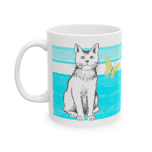 Mega Stripe Kitty Butterfly Flutter Ceramic Mug Aqua